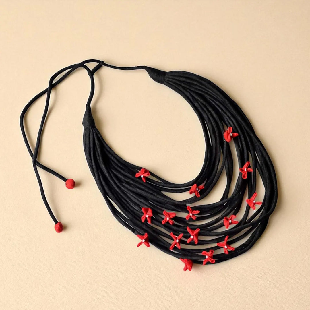 Handmade Textile Art Wired Floral Design Dupion Silk Fabric Necklace