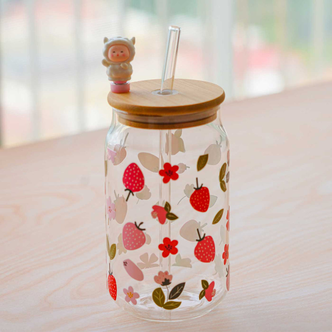 Cute Printed "Strawberry" Theme Glass Tumbler With Straw For Kids