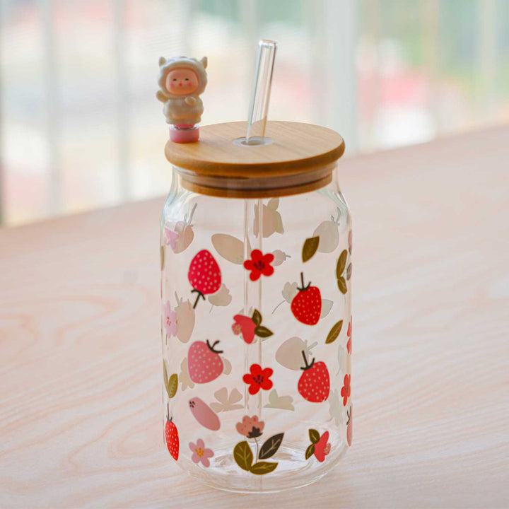 Cute Printed "Strawberry" Theme Glass Tumbler With Straw For Kids