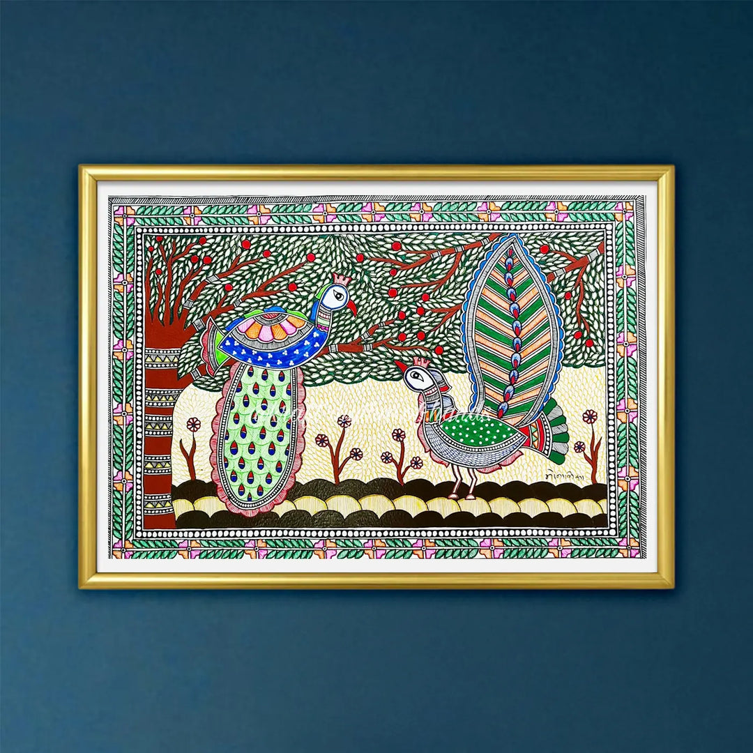 11 x 16 Inch | Peacock Under The Tree | Original Hand Painted Madhubani Painting On Paper