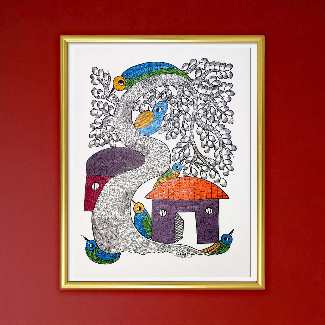 11 x 15 Inch | The Village that Sings | Original Hand Painted Tribal Gond Art Painting | Acrylic Paint On Paper