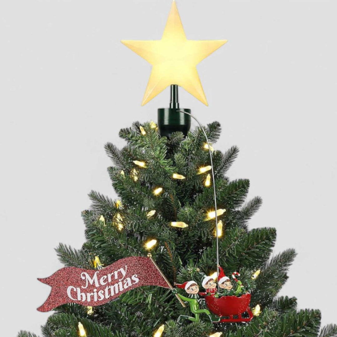 Reusable Animated Elves On The Run Tree Topper With Banner And Light