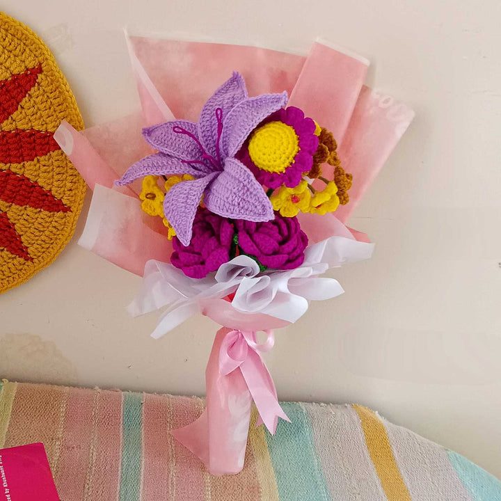 Handmade Crochet Lilac Lily Theme Flower Bouquet With Lights