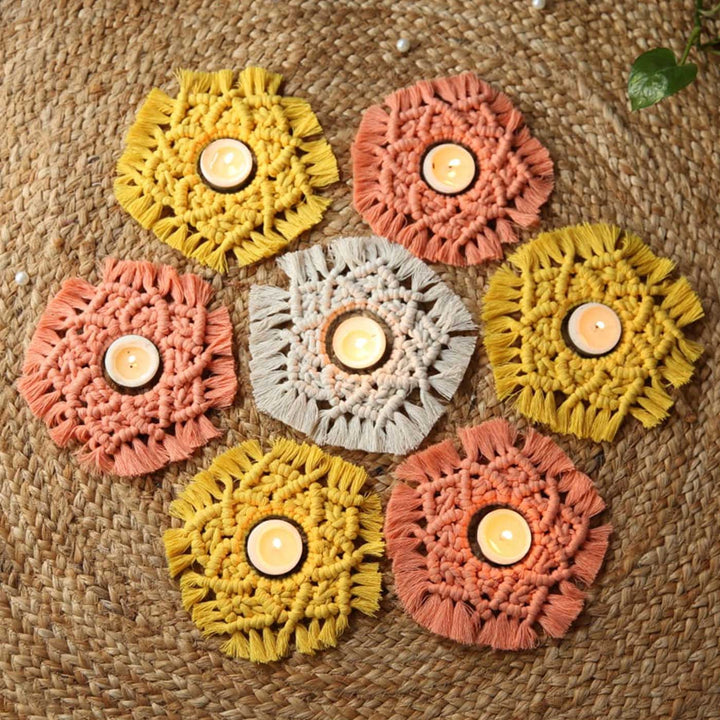 Handmade Macrame Rangoli Design Cotton Tealight Holder | Includes 7 Holders And 10 Tea Light Candles