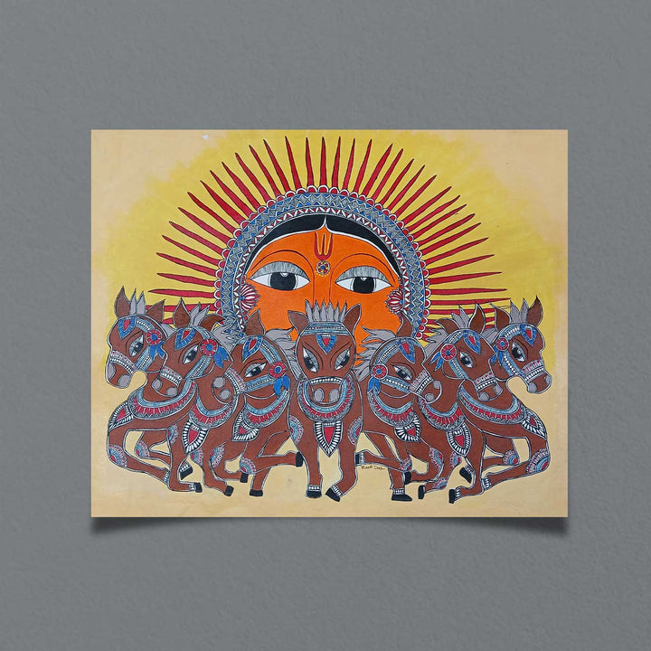 36 x 30 Inch | Seven Horse & Sun | Original Hand Painted Madhubani Painting | Acrylic Paints On Canvas