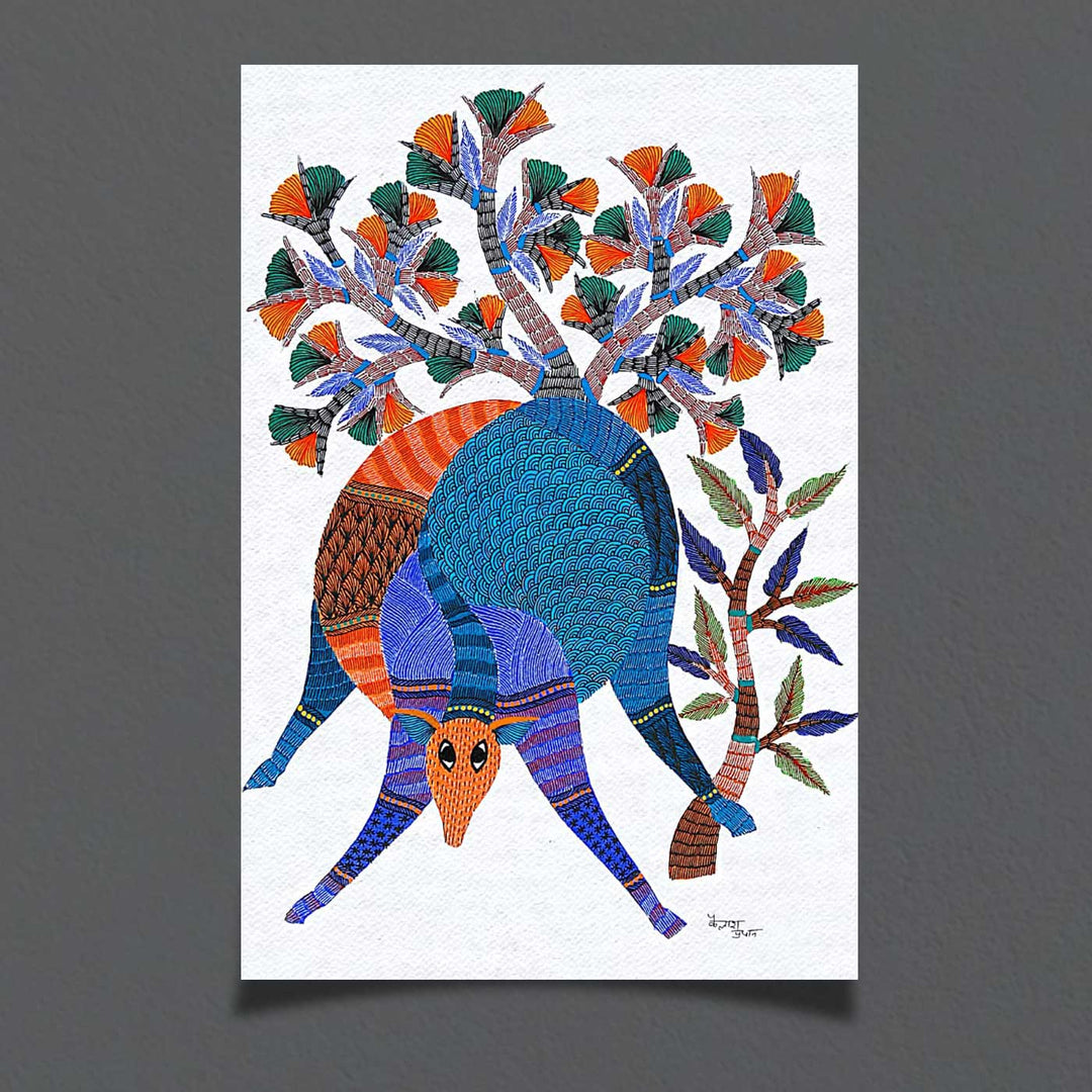 11 x 15 Inch | Tree & Deer | Original Hand painted Tribal Gond Art Painting | Acrylic Paints On Paper
