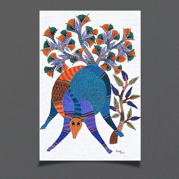 11 x 15 Inch | Tree & Deer | Original Hand painted Tribal Gond Art Painting | Acrylic Paints On Paper