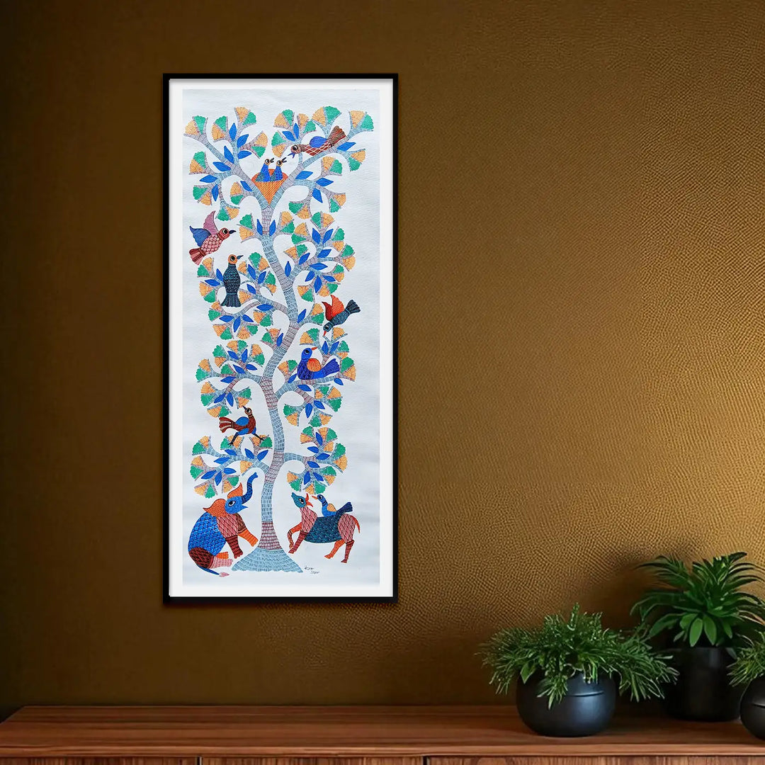 16 x 36 Inch | Birds & Animals In Tree | Original Hand painted Tribal Gond Art Painting | Acrylic Paints On Canvas