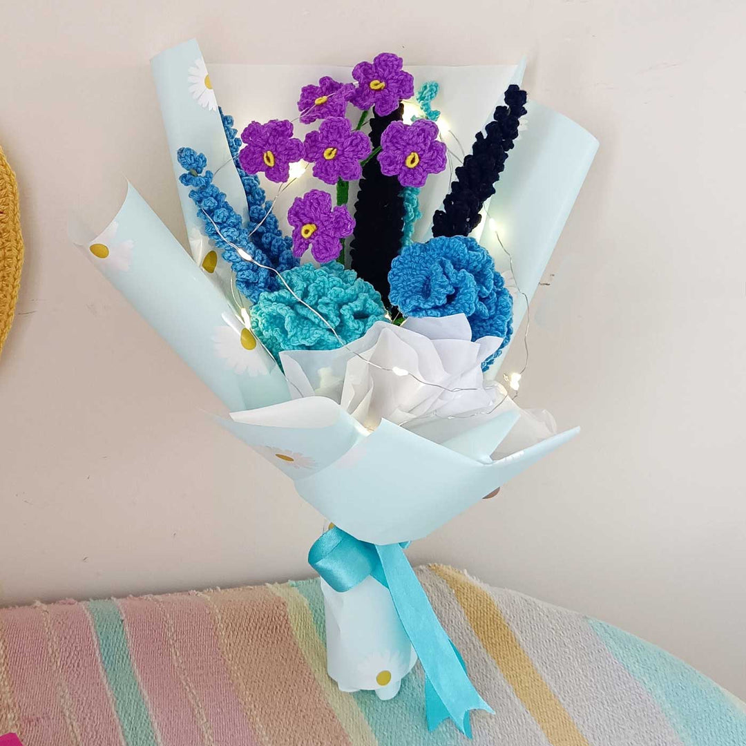 Handmade Crochet Serene Blue Theme Flower Bouquet WIth Lights