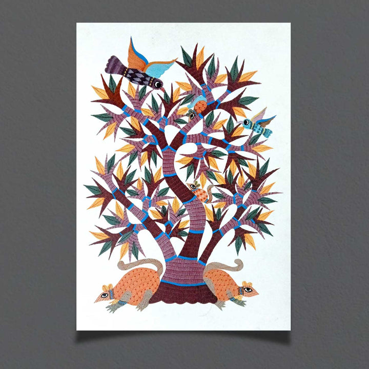 11 x 15 Inch | Tree with Birds & Animals | Original Hand painted Tribal Gond Art Painting | Acrylic Paints On Paper