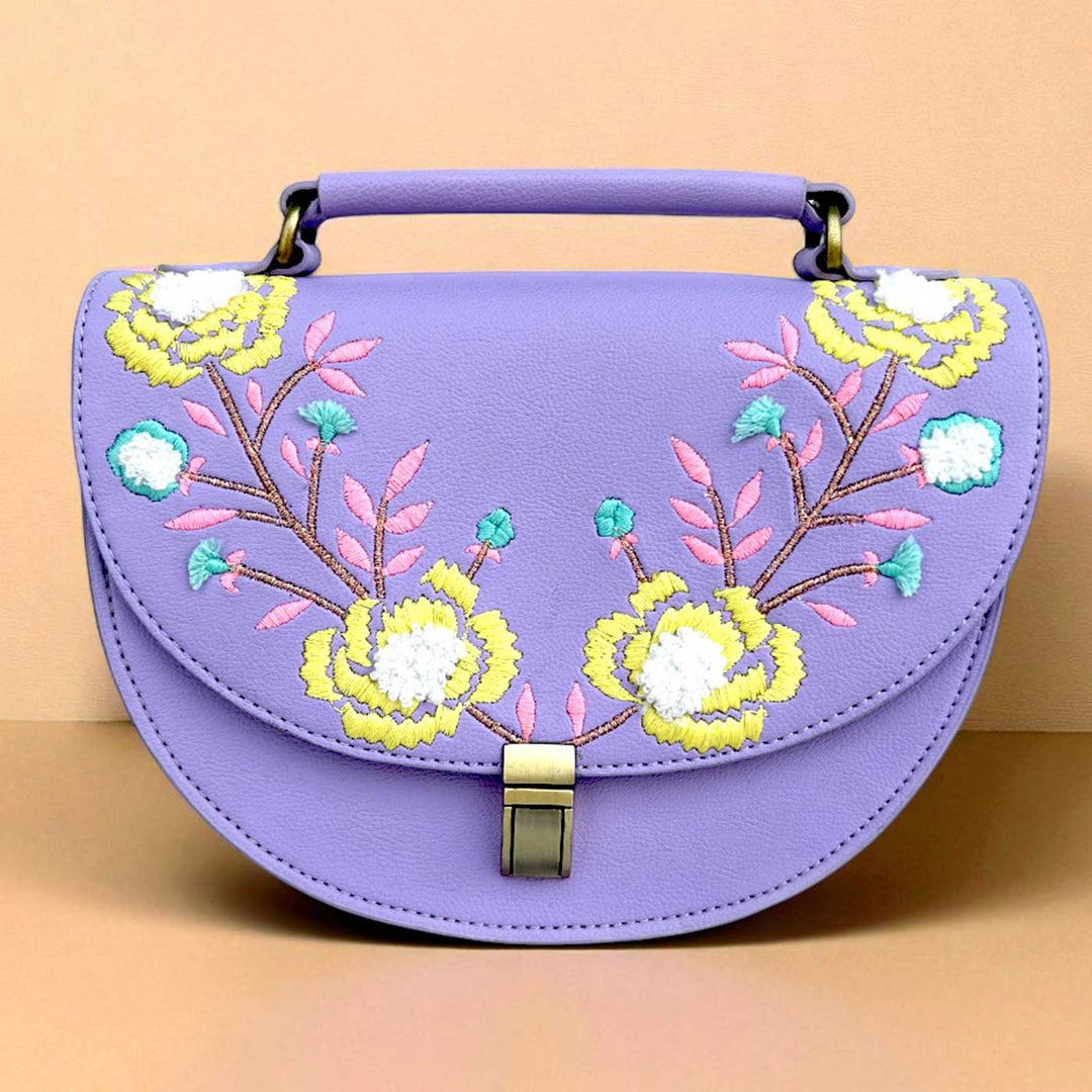 Handmade Embroidered Flower Design Purple Rexine Sling Bag
