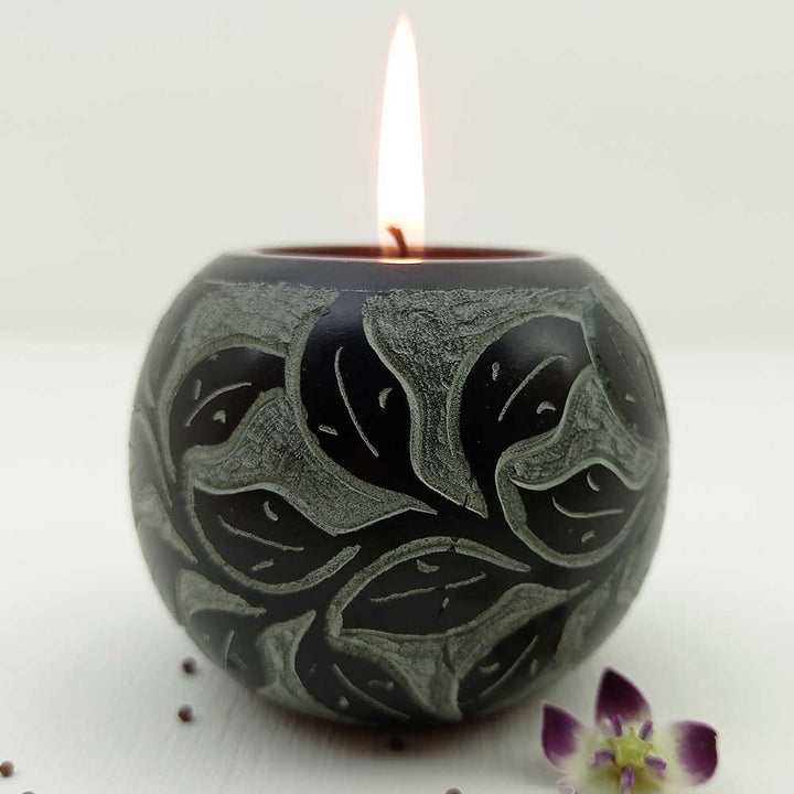 Handmade Black Mutaal Round Shape Candle Holder | Set of 2