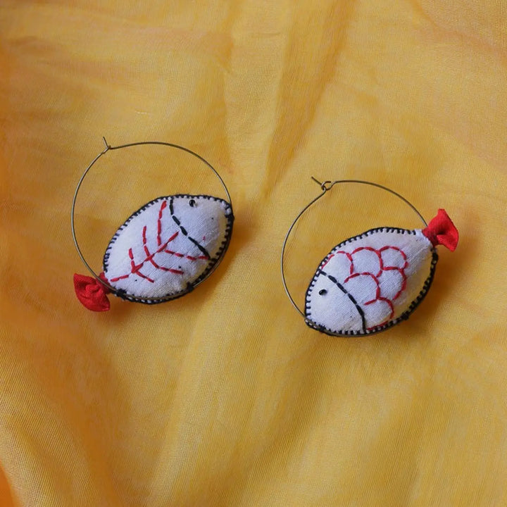 Handmade Textile Art Fish Shaped Hoop Dupion Silk Fabric Earrings