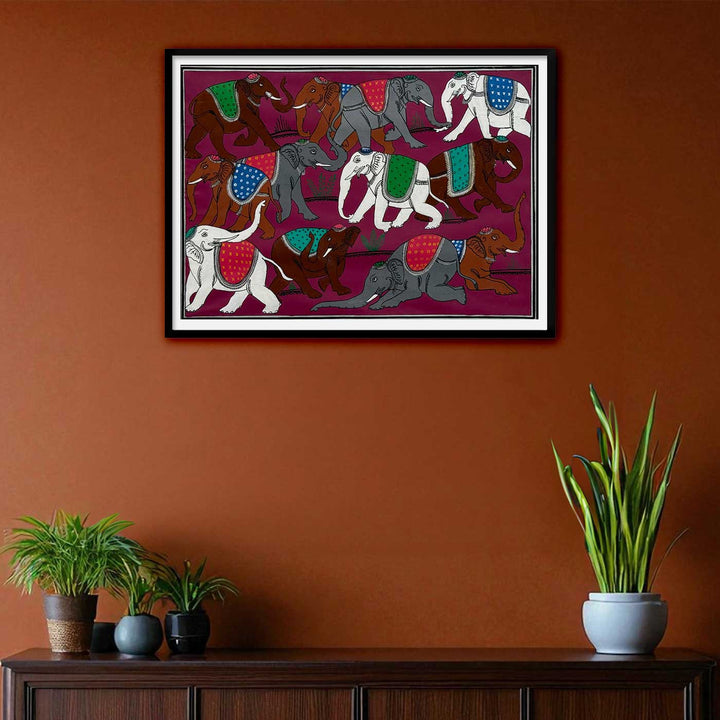 16 X 12 Inch | Handmade Silk Elephant Herd Painting