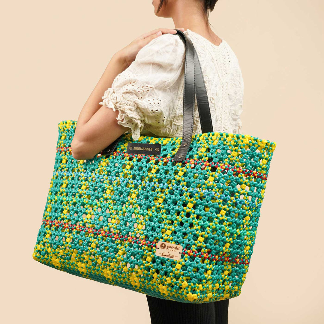 Green And Yellow Diamond Pattern Tara Knot Handmade Koodai Beach Bag
