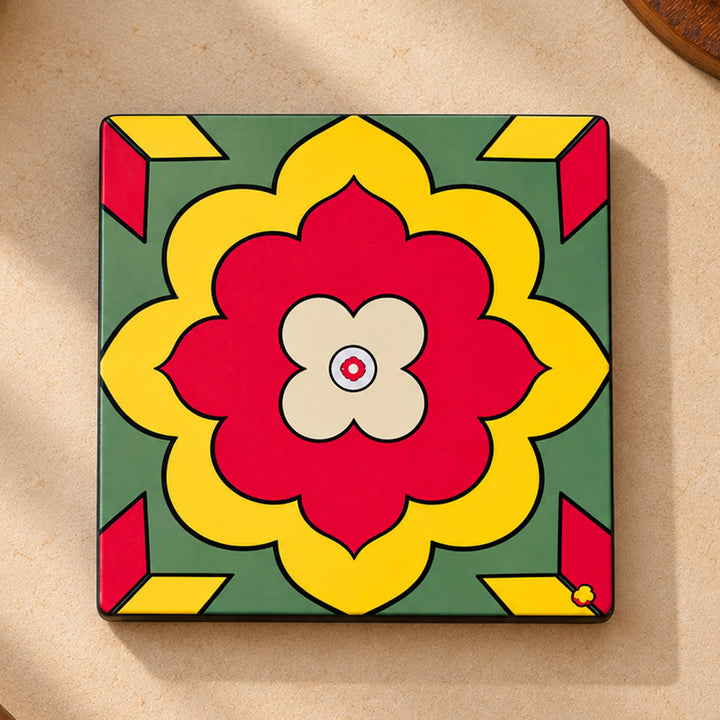 Set Of 6 | Hand-Painted Aathangudi Tiles Square Coaster Set For Festive Gifting