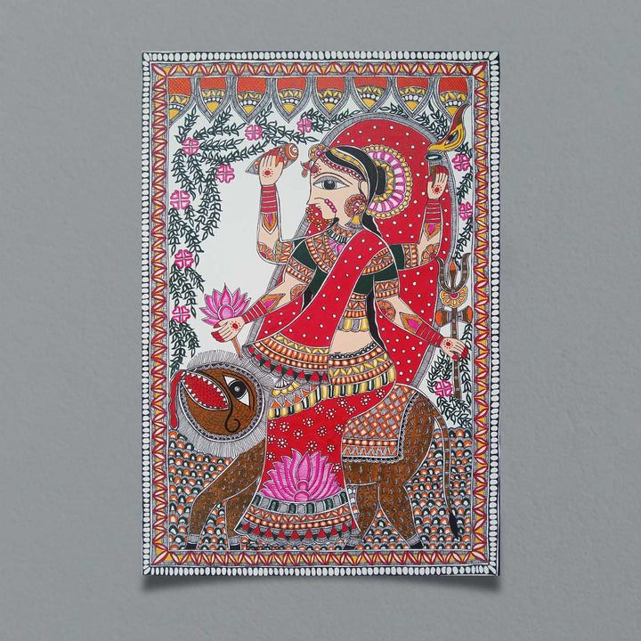 24 x 16 Inch | Maa Durga | Original Hand Painted Madhubani Painting | Acrylic Paints On Paper