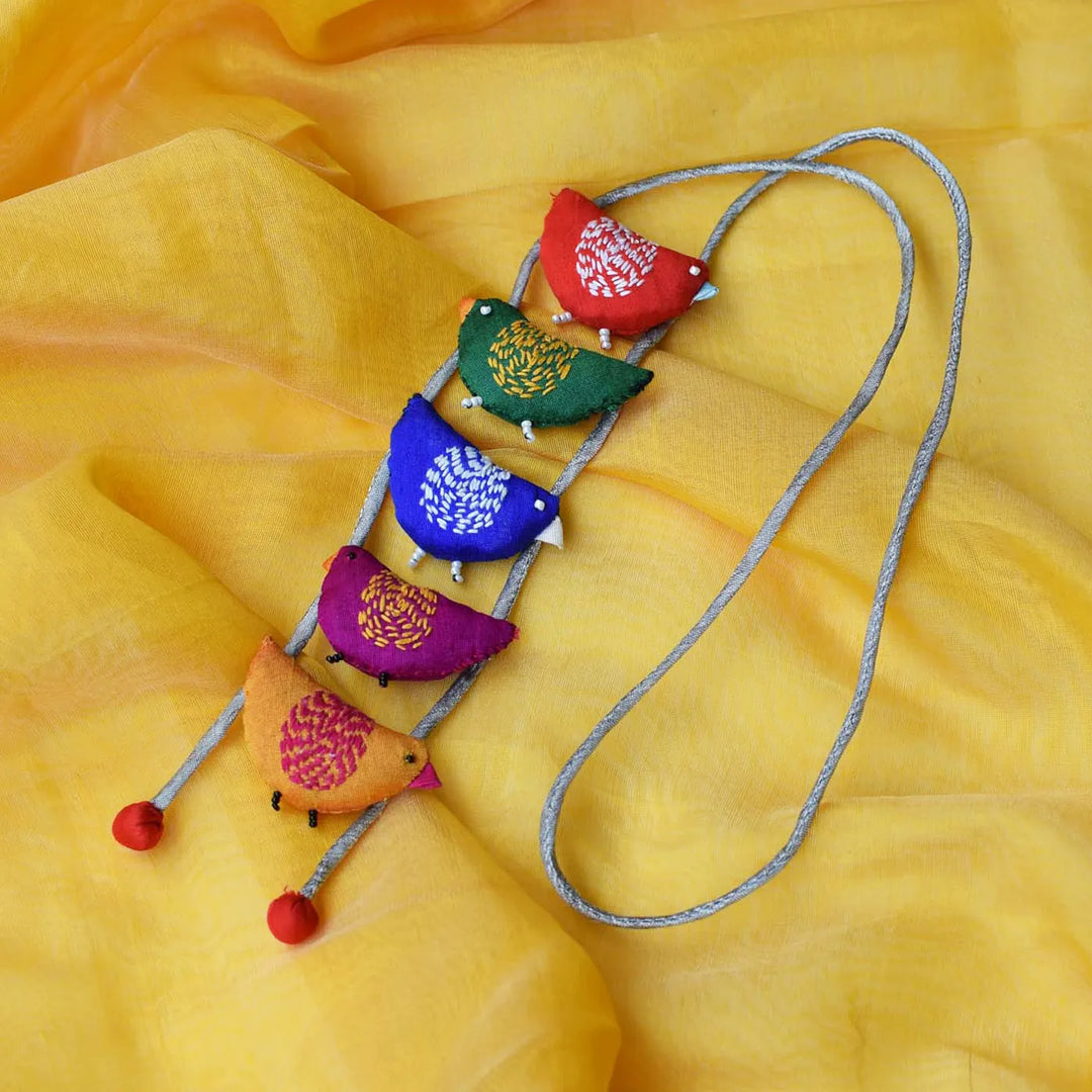 Handmade Textile Art Bulbul Bird Dupion Silk Fabric Necklace