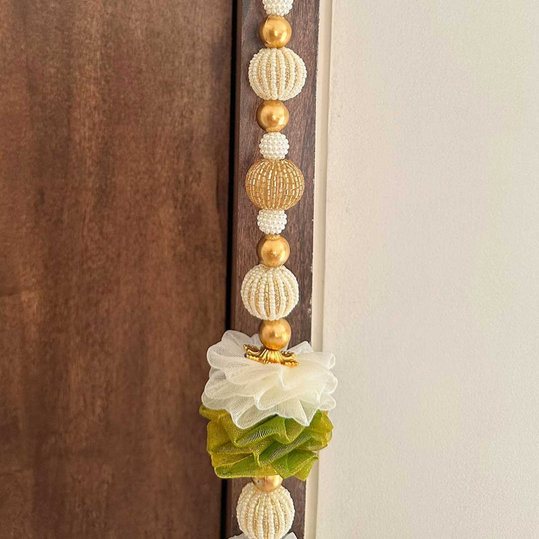 6 Pc | Handmade White & Green Peacock Hangings with Tissue Fabric Flowers & Moti Beads