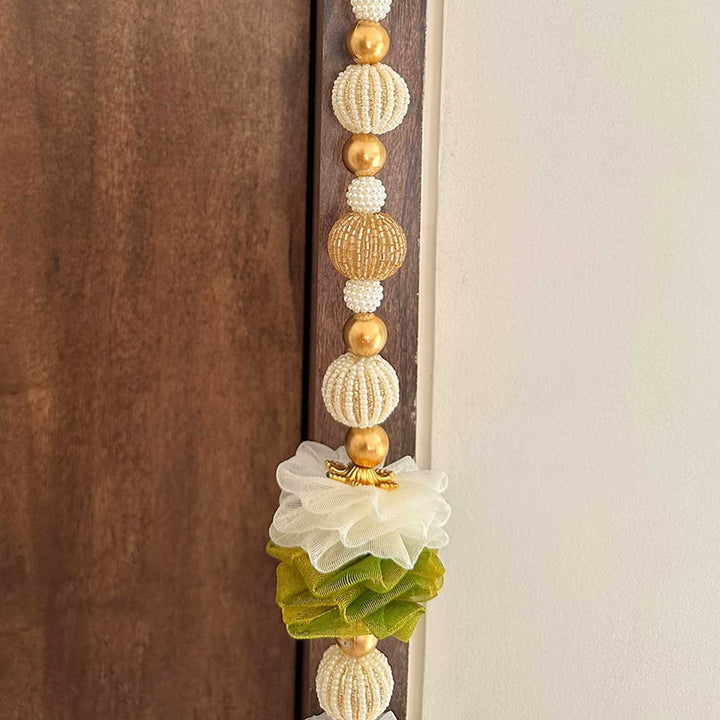 6 Pc | Handmade White & Green Peacock Hangings with Tissue Fabric Flowers & Moti Beads