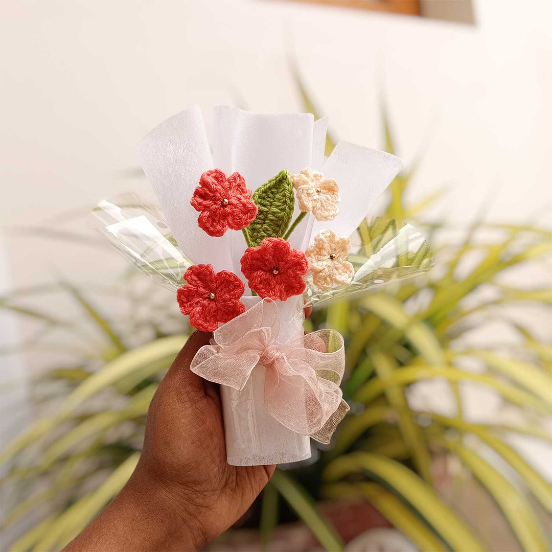 Handmade Crochet Coral Blossom Mini Flower Bouquet | Includes Photo & Greeting Card