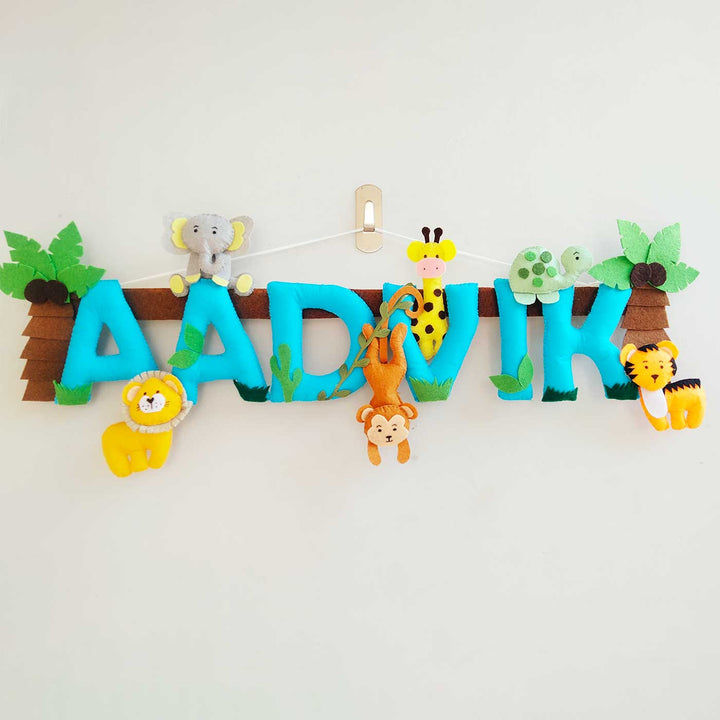 Personalized Blue Jungle Theme Felt Kids Name Plate