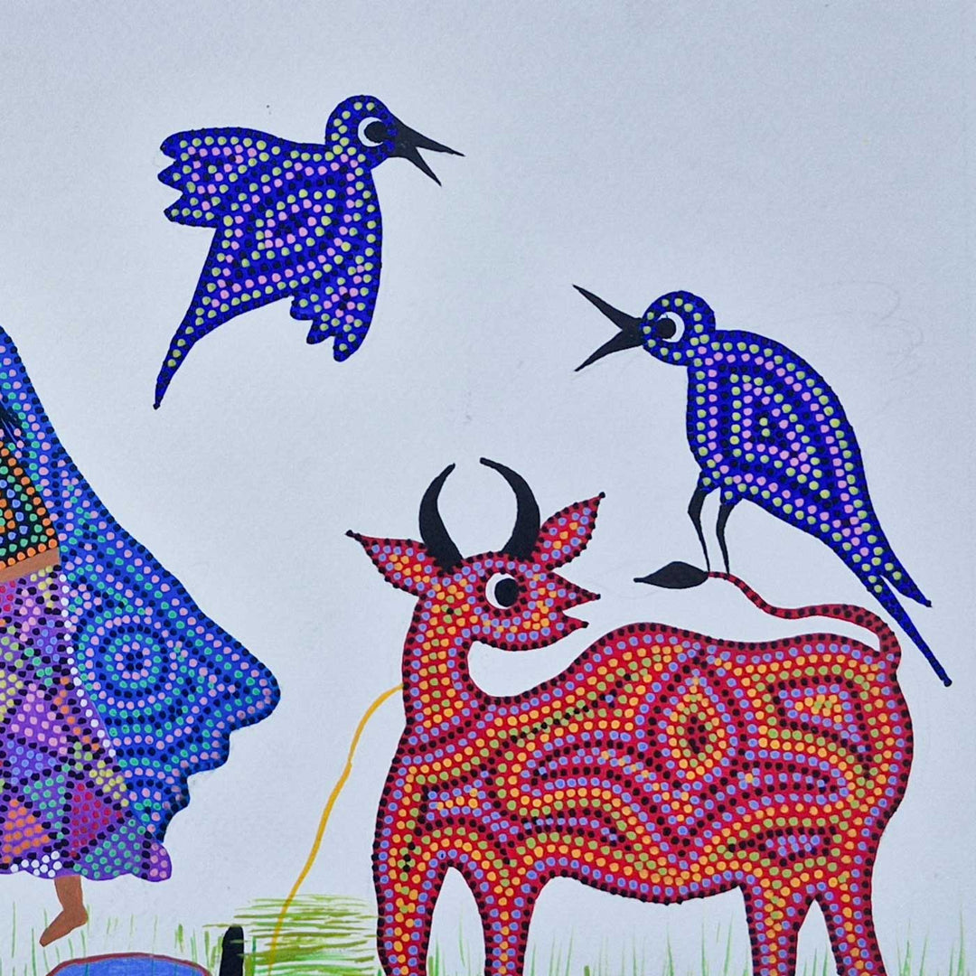 11 x 15 Inch | Morning at the Village Well | Original Hand Painted Bhill Painting | Acrylic Paints On Paper