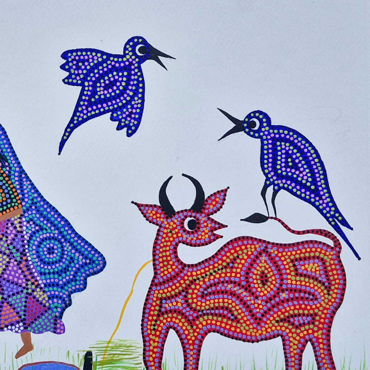 11 x 15 Inch | Morning at the Village Well | Original Hand Painted Bhill Painting | Acrylic Paints On Paper