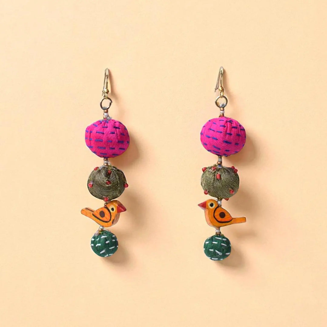 Handmade Textile Art Parrot Charm Dupion Silk Fabric Earrings