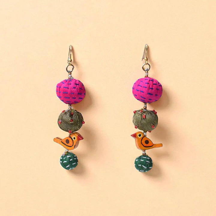 Handmade Textile Art Parrot Charm Dupion Silk Fabric Earrings