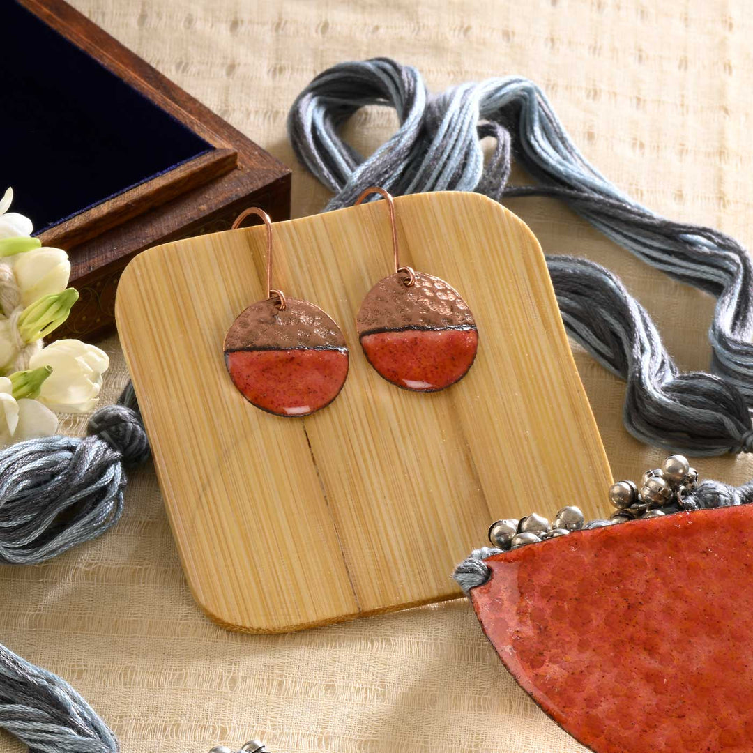 Handmade Half Moon Shaped Ghungroo Copper Enamel Pendant With Earrings