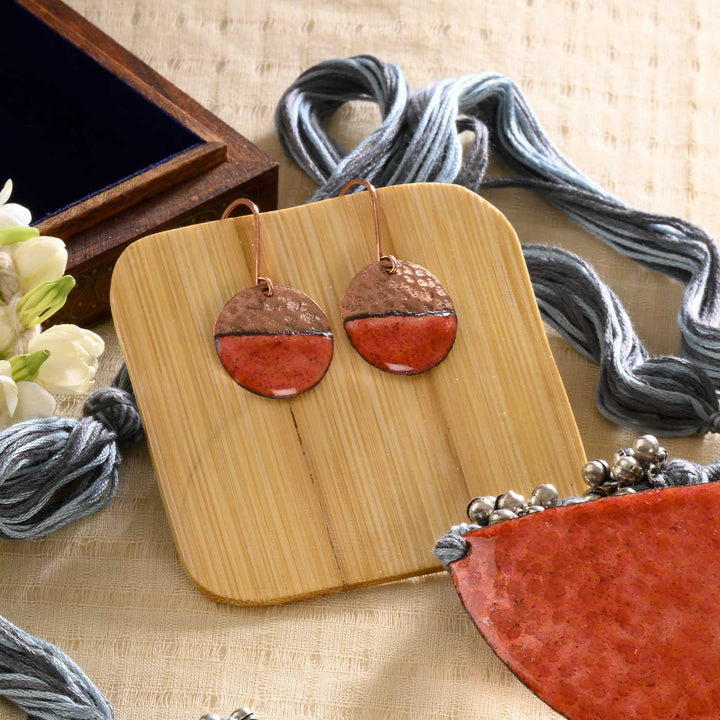 Handmade Half Moon Shaped Ghungroo Copper Enamel Pendant With Earrings