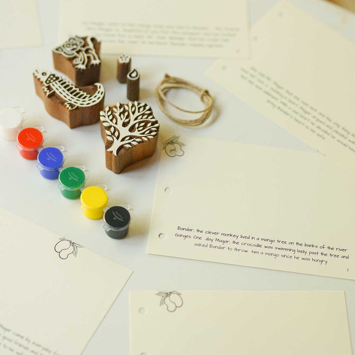 The Monkey and the Crocodile Panchatantra Block Printing DIY Kit | 5 Stamps, Poster Colours, Painting Brush, Printing Pads, Story Cards  And Jute String
