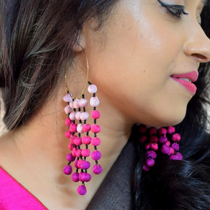 Handmade Textile Art Hoop Hanging Round Tassels Dupion Silk Fabric Earrings