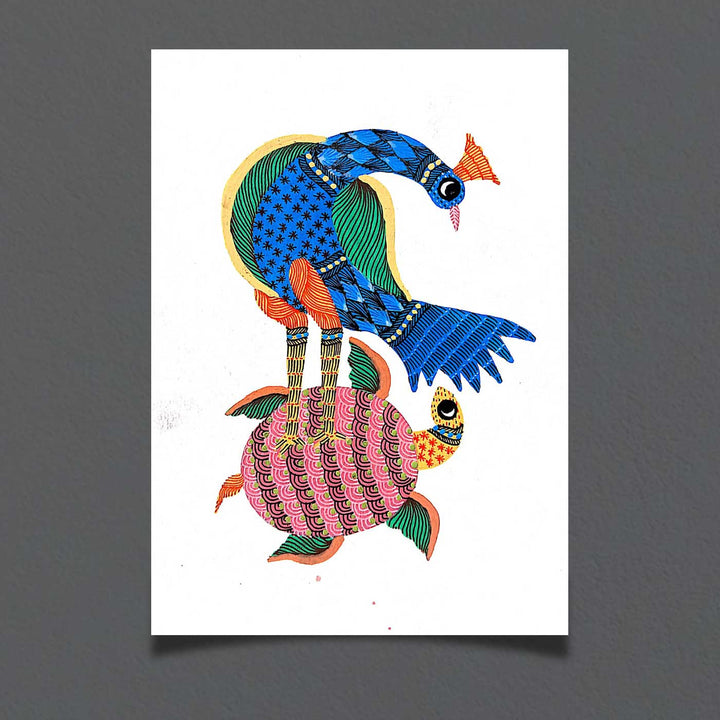 6 x 8 Inch | Peacock & Turtle | Original Hand painted Tribal Gond Art Painting | Acrylic Paints On Paper