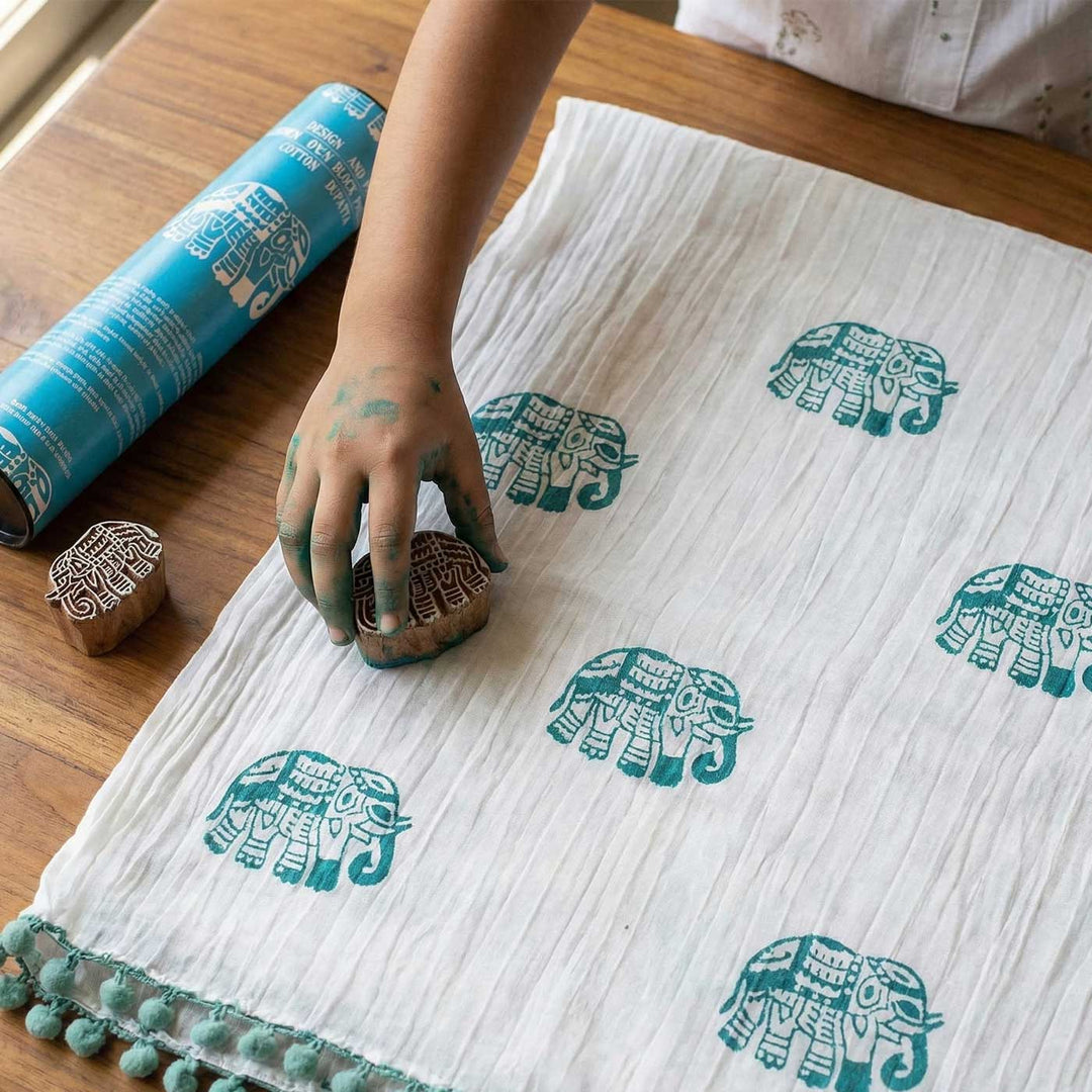 Blue Elephant Dupatta Block Print DIY Kit | Includes 1 White cotton dupatta, 1 Fabric paint, 1 Wooden block And 1 Sponge
