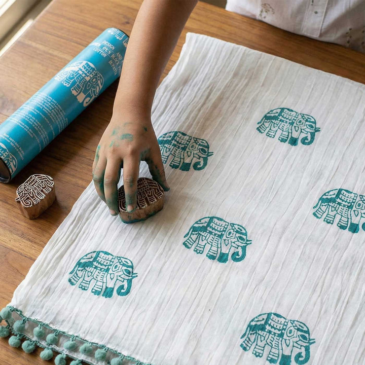 Blue Elephant Dupatta Block Print DIY Kit | Includes 1 White cotton dupatta, 1 Fabric paint, 1 Wooden block And 1 Sponge
