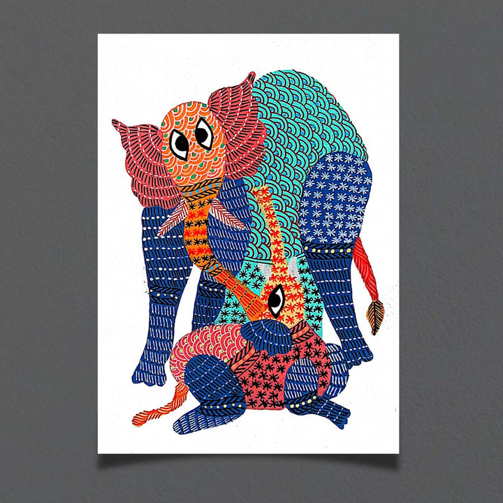 6 x 8 Inch | Elephant and Baby | Original Hand painted Tribal Gond Art Painting | Acrylic Paints On Paper