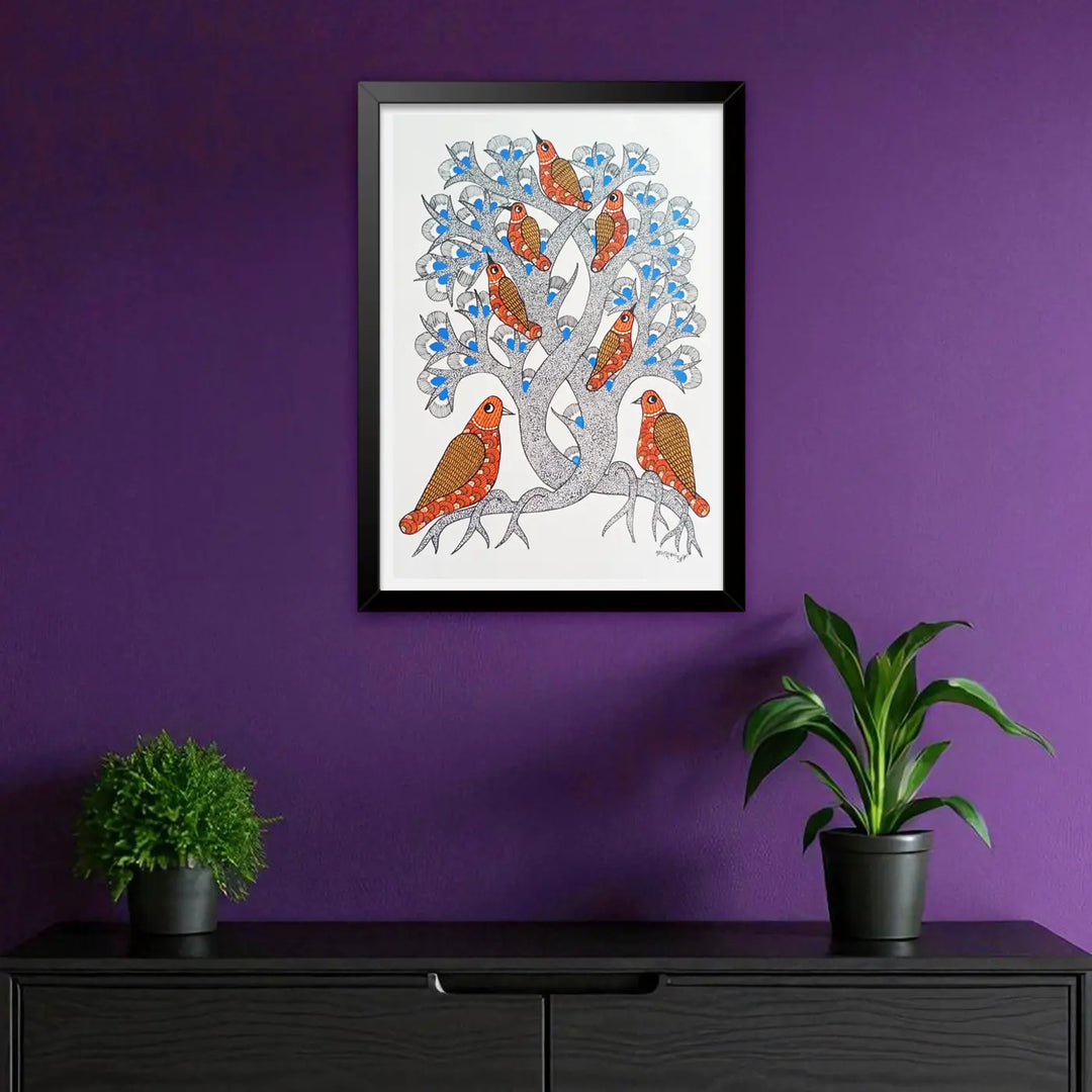 11 x 16 Inch | Birds On Tree | Original Hand Painted Tribal Gond Art Painting | Acrylic Paint On Paper