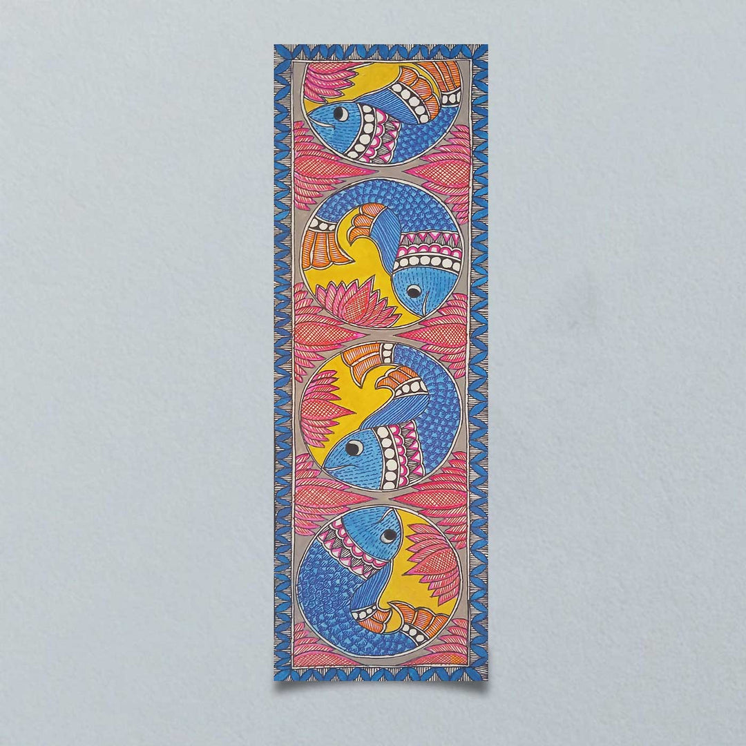 16 x 6 Inch | Fishes & Lotus | Original Hand Painted Madhubani Painting | Acrylic Paints On Paper