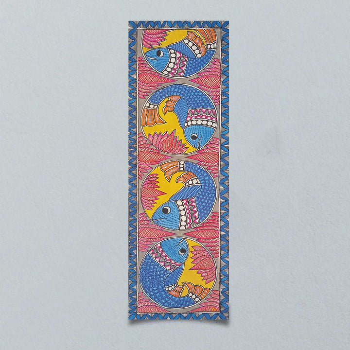 16 x 6 Inch | Fishes & Lotus | Original Hand Painted Madhubani Painting | Acrylic Paints On Paper
