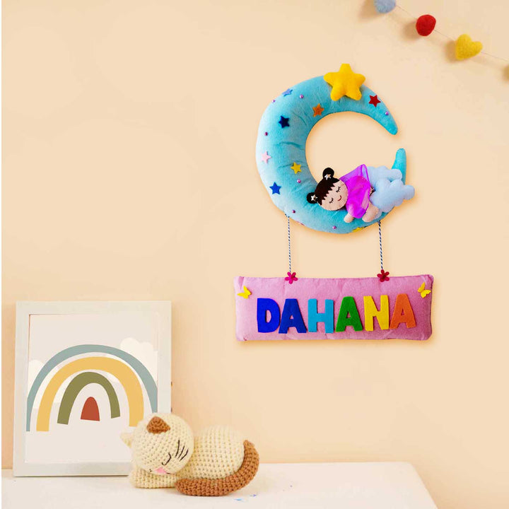 Personalized Baby On The Moon Theme Felt Kids Name Plate