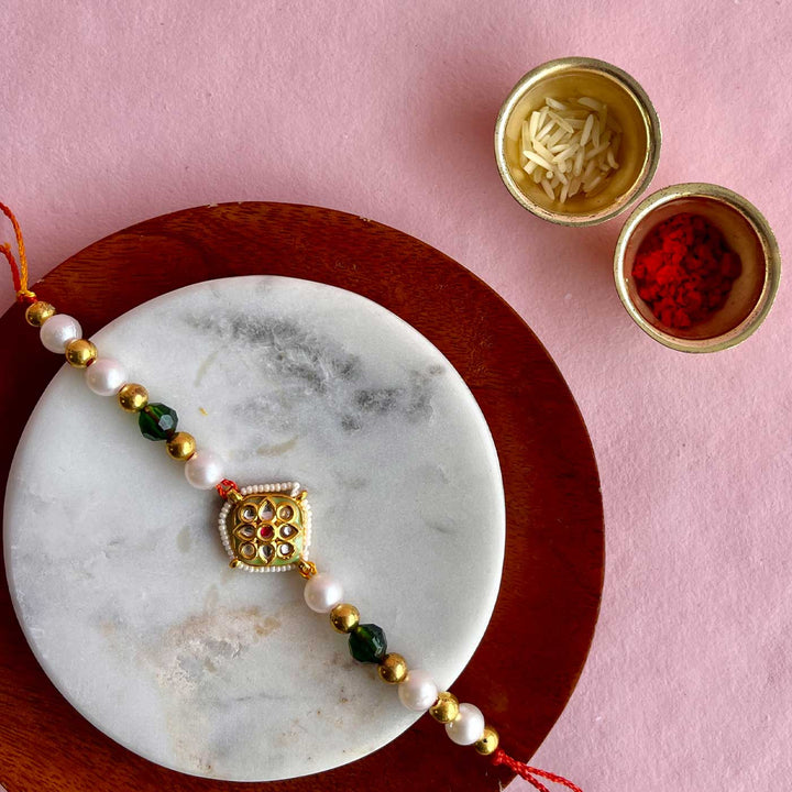 Handmade Golden Flower Design Metal Bhaiya Bhabhi Rakhi - Alternate Single Piece Display