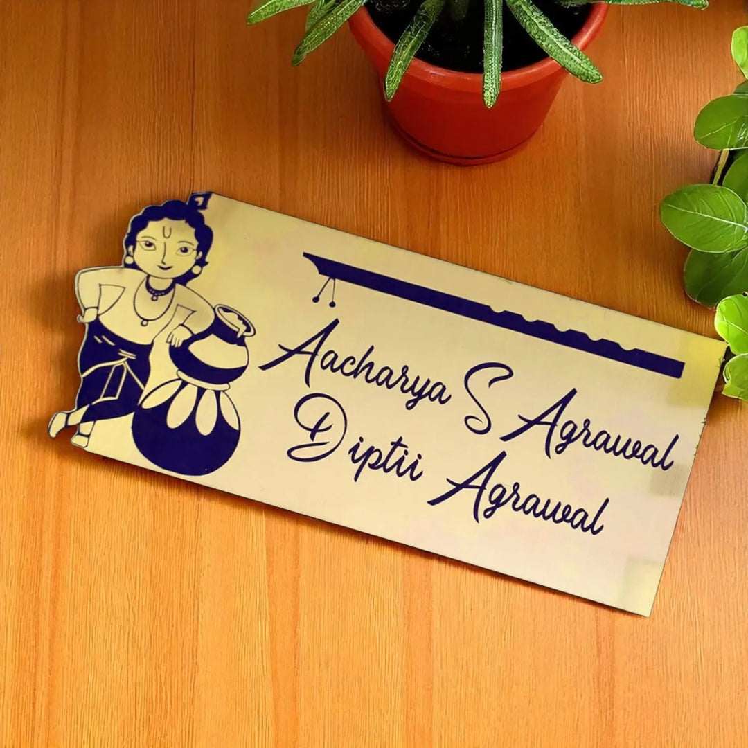 Personalized Krishna Theme Stainless Steel Name Plate