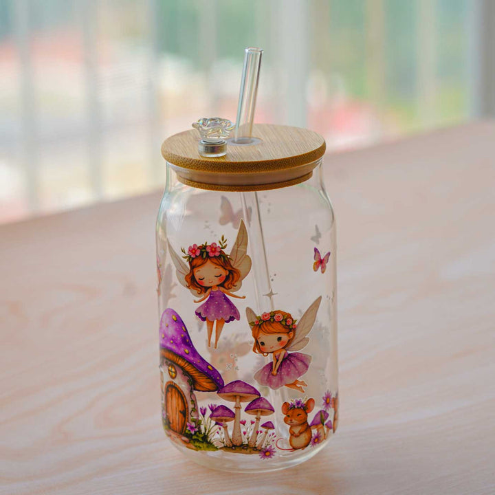 Cute Printed "Fairy" Theme Glass Tumbler With Straw For Kids