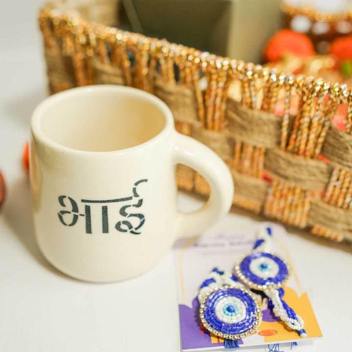 Personalized Handmade Rakhi Hamper | Includes 1 Basket, 1 Mug, 1 Candle, 1 Serving Bowl, 2 Rakhis, 1 Roli Chawal & 1 Message Card