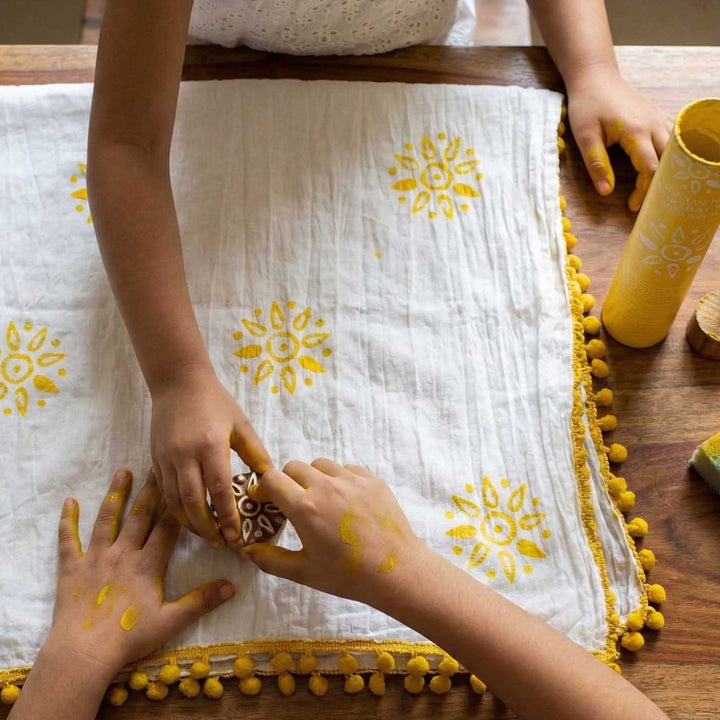 Yellow Floral Dupatta Block Print DIY Kit | Includes 1 White cotton dupatta, 1 Fabric paint, 1 Wooden block And 1 Sponge