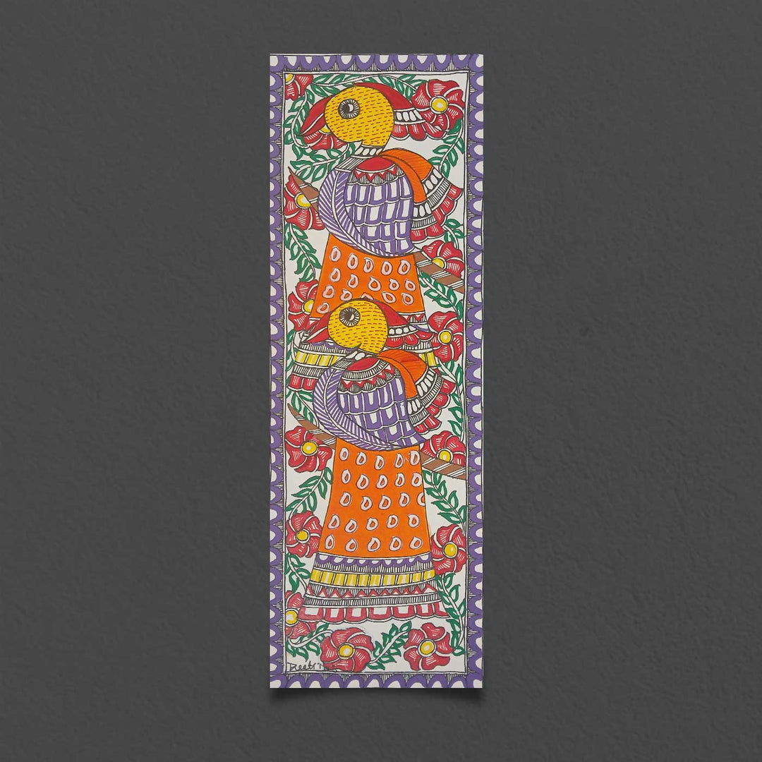 16 x 6 Inch | Duo Birds | Original Hand Painted Madhubani Painting | Acrylic Paints On Paper