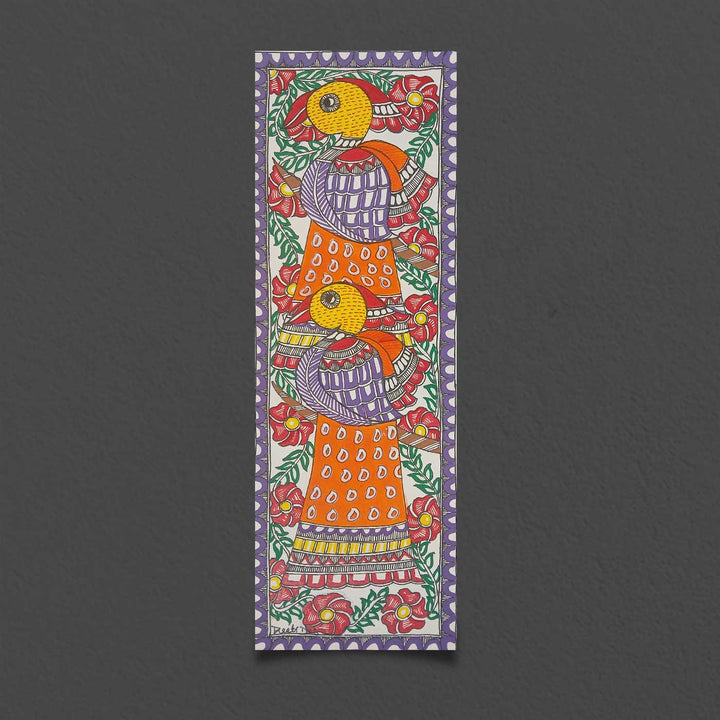 16 x 6 Inch | Duo Birds | Original Hand Painted Madhubani Painting | Acrylic Paints On Paper