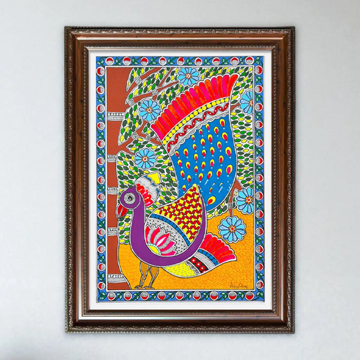 8 x 12 Inch | Peacock in Bloom | Original Hand Painted Madhubani Painting On Paper